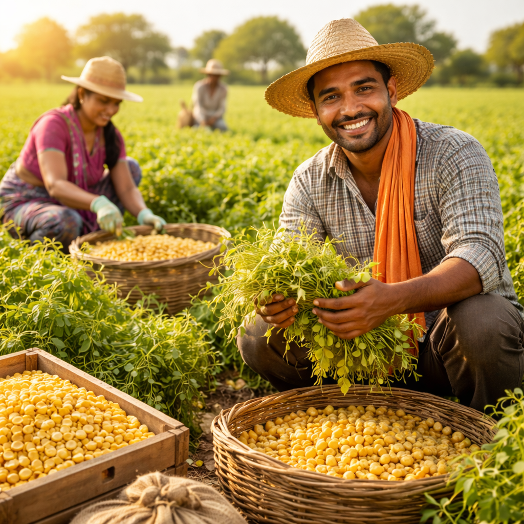 Indian farmers harvesting Chickpeas crops in an agricultural field for food production