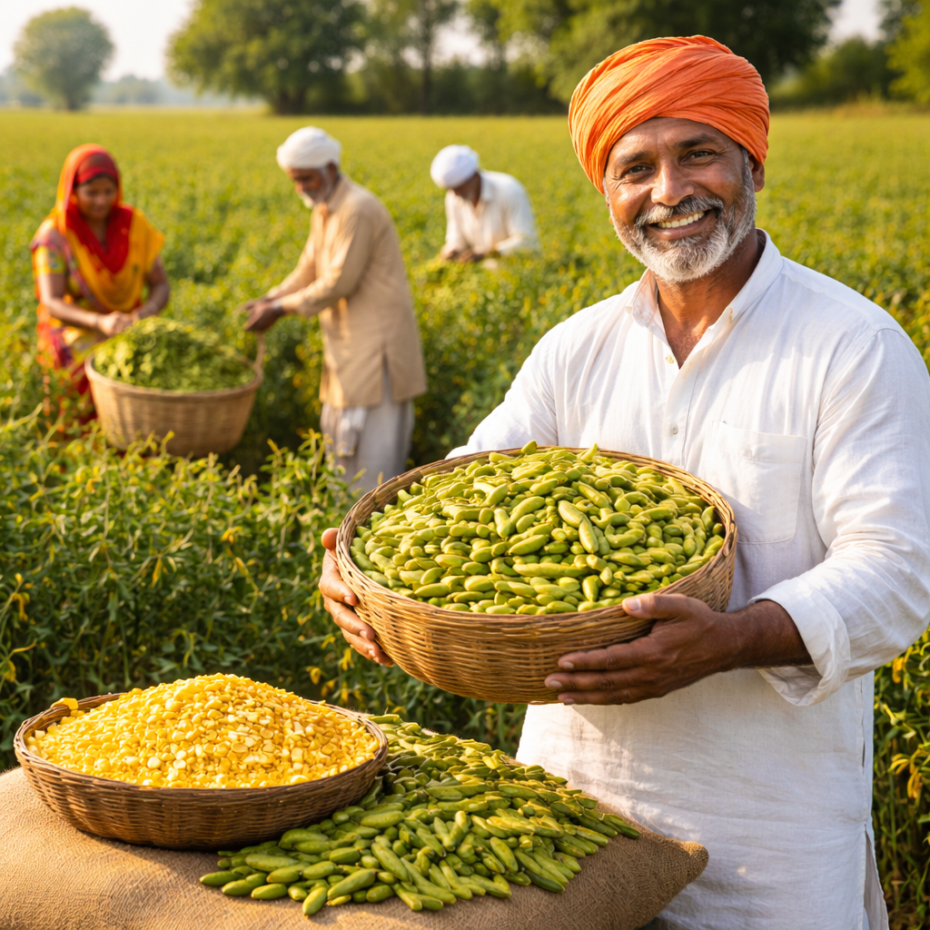 Indian farmers harvesting Toor Dal crops in an agricultural field for food production