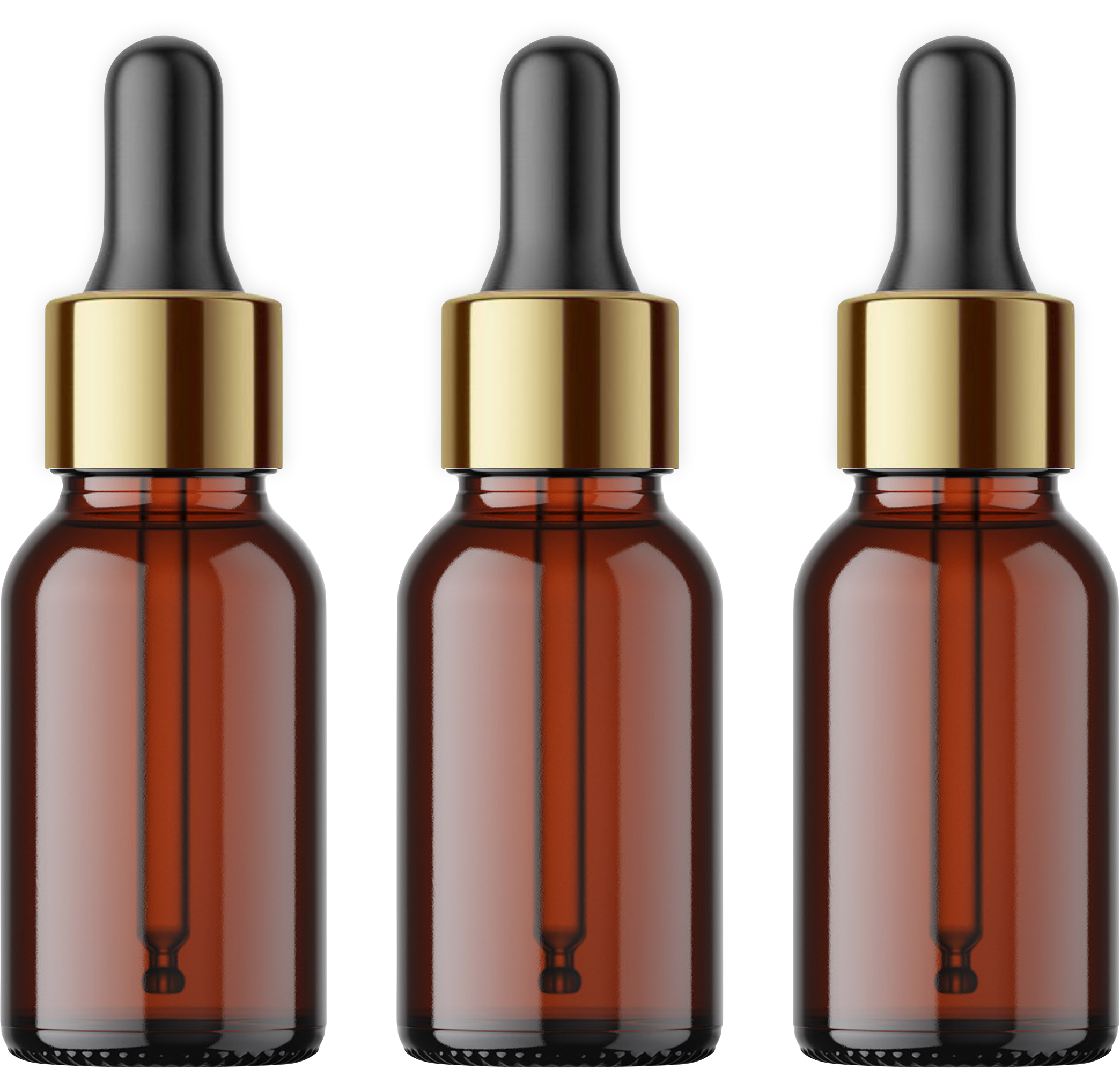 Amber glass dropper bottles with gold caps, 18/410 neck, front view on white background
