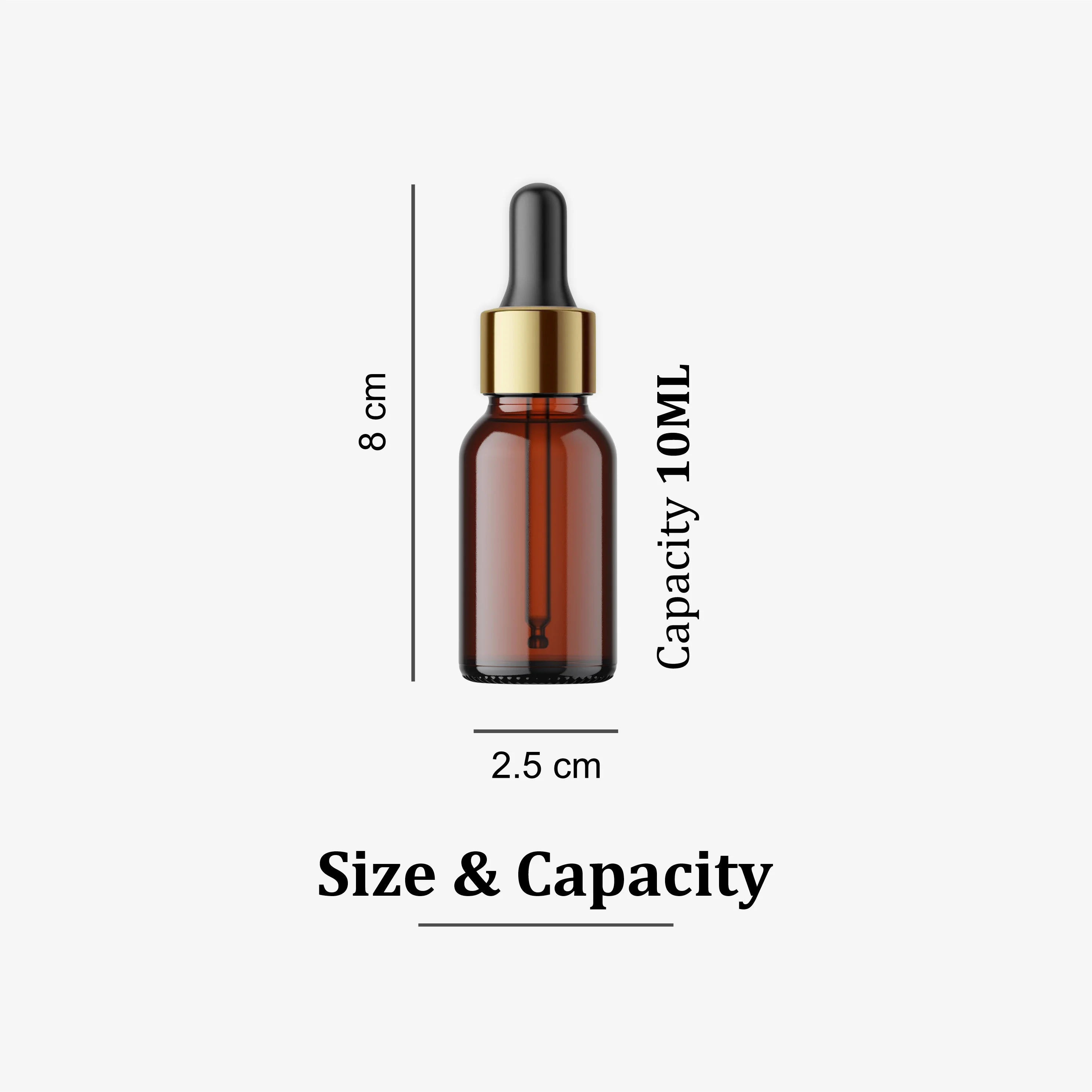 10ml amber glass dropper bottle with gold collar; size chart showing 8 cm height and 2.5 cm diameter.